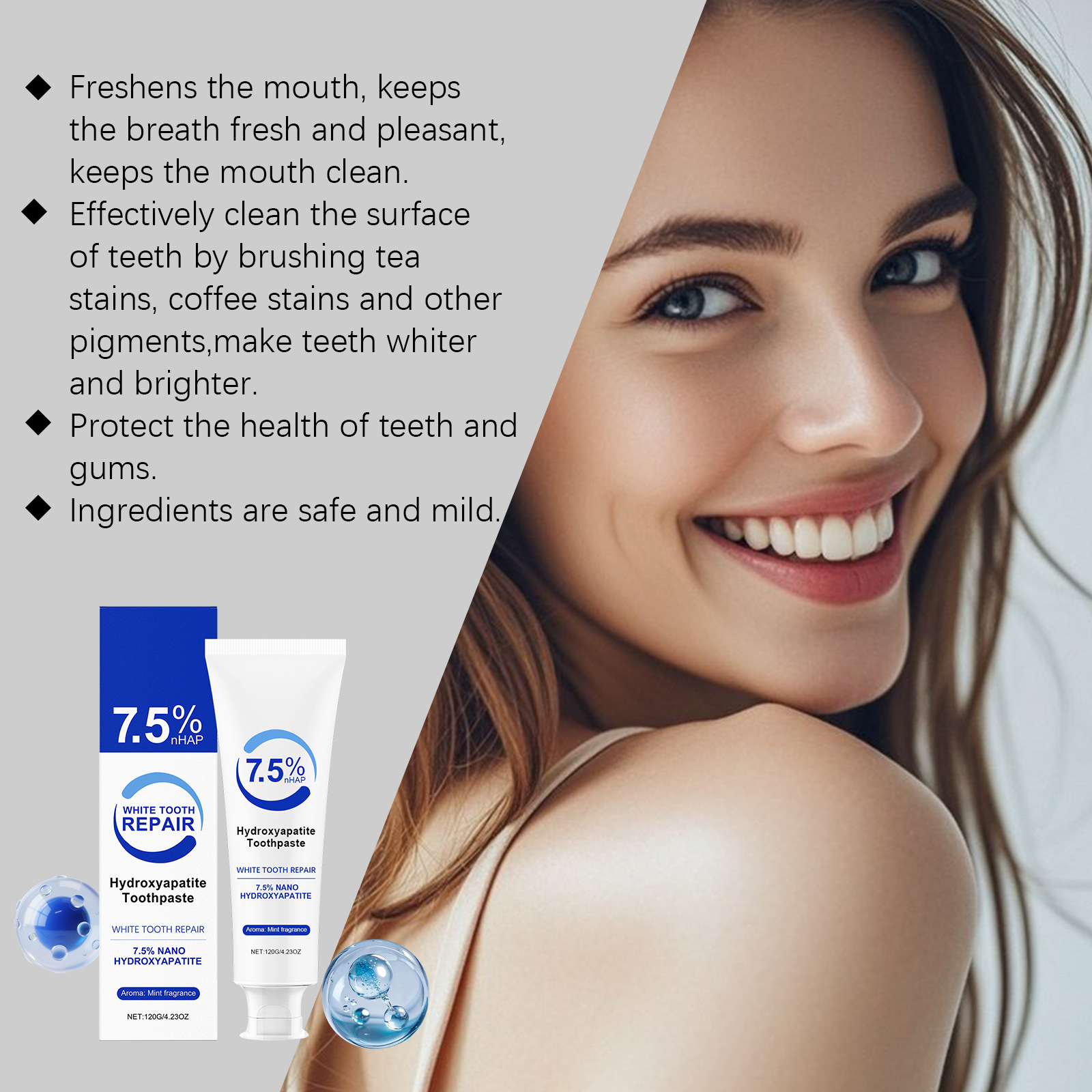 7,5% Hydroxyapatiet Pepermunt  - Teeth Whitening Foam Toothpaste recensie en prijs